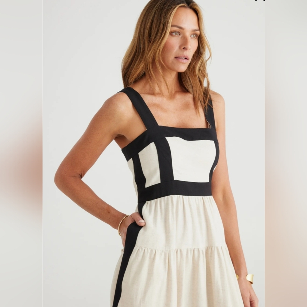 Brave+True Jolie Contrast Trim Tiered Midi Dress - Natural / Black - Picture 2 of 7